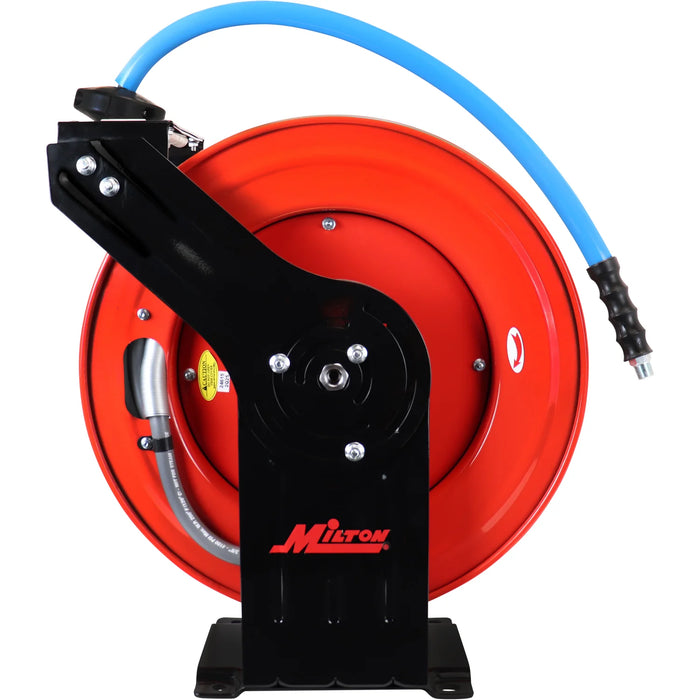 Zeeline by Milton® PWR438100 3/8" x 100' All-In-One Retractable Pressure Washer Hose Reel | 1 Unit | 4,100 PSI | Aramid/Kevlar-Braided Hose | 12-Point Ratchet | 225° Guide Arm | M22 Connections | For Heavy-Duty Commercial & Industrial Use
