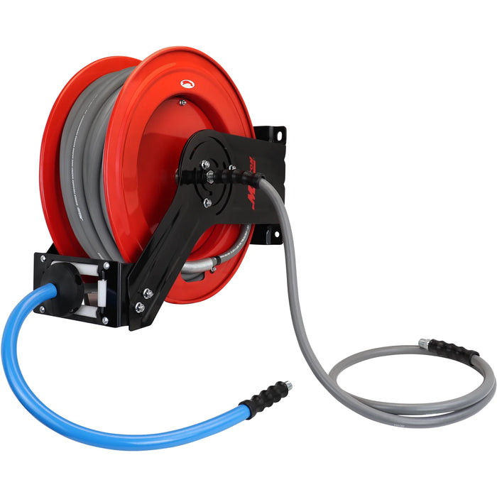 Zeeline by Milton® PWR438100 3/8" x 100' All-In-One Retractable Pressure Washer Hose Reel | 1 Unit | 4,100 PSI | Aramid/Kevlar-Braided Hose | 12-Point Ratchet | 225° Guide Arm | M22 Connections | For Heavy-Duty Commercial & Industrial Use