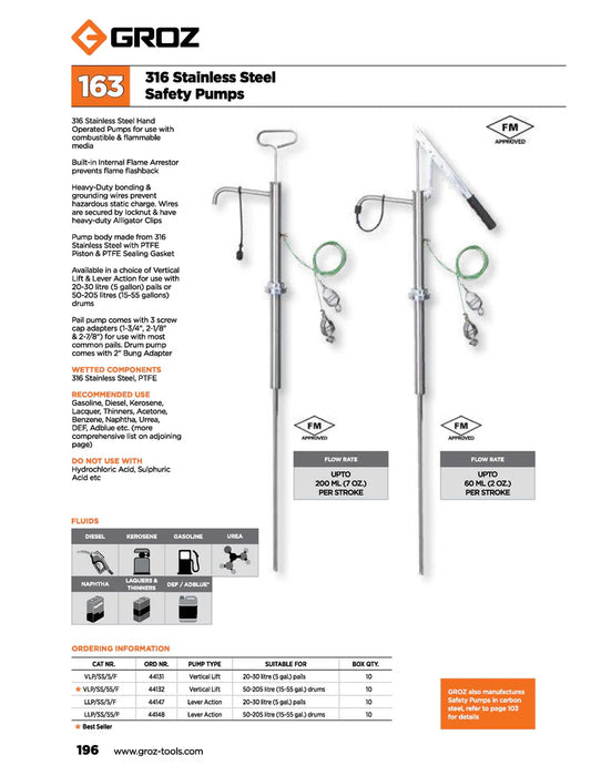 Groz 316 Stainless Steel Vertical Lift Pumps, for 5 Gallon Pails 44131