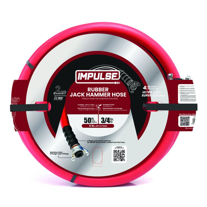 BluBird 3/4"X50' Rubber Jackhammer Hose-Red- Universal Coupler without Bend Restrictors RVJH3450R-1