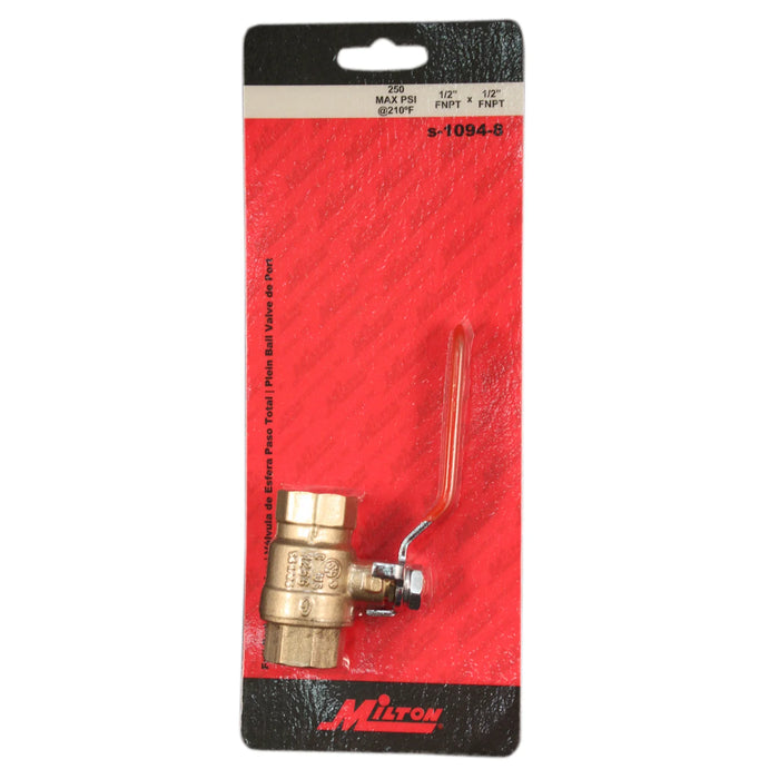 Milton S-1094-8 1/2" FNPT Full Port Heavy-Duty Brass Ball Valve