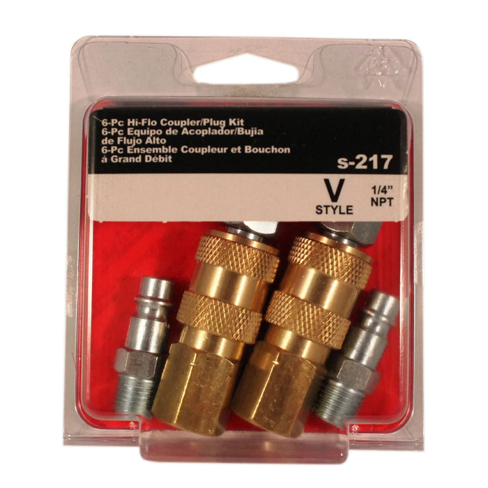 Milton S-217 HIGHFLOWPRO® S-217 1/4" NPT V-Style/Euro Interchange Air Coupler and Plug Fitting Kit, Hi Vol Low Pressure Application, 6-Piece