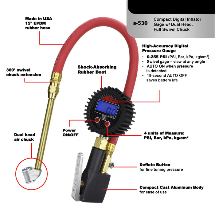 Milton S-530 Compact Digital Tire Inflator with Pressure Gauge (255 PSI) - Air Chuck & 15" Rubber Air hose 1/4" NPT