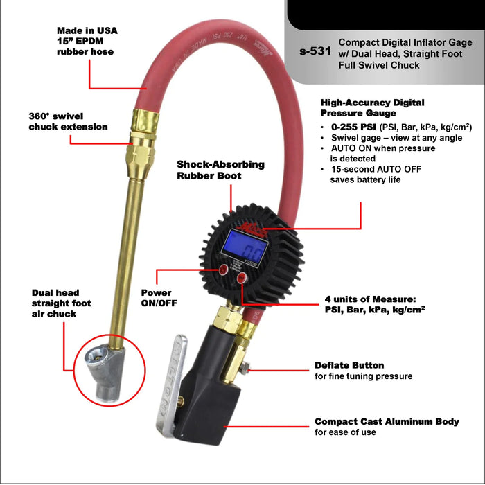 Milton S-530 Compact Digital Tire Inflator with Pressure Gauge (255 PSI) - Air Chuck & 15" Rubber Air hose 1/4" NPT