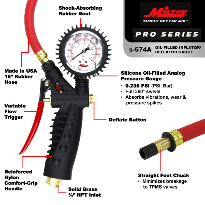 Milton S-574A Pro Analog Tire Inflator/Pressure Pistol Grip Gauge, Straight Foot Chuck, 15" Hose