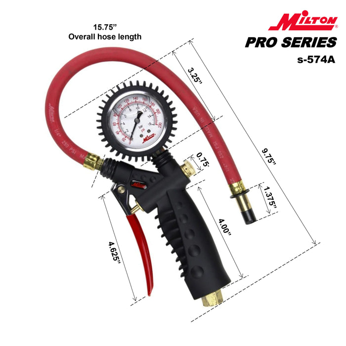 Milton S-574A Pro Analog Tire Inflator/Pressure Pistol Grip Gauge, Straight Foot Chuck, 15" Hose