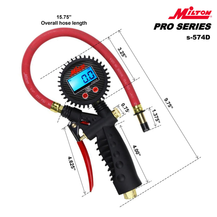 Milton S-574D Pro Digital Tire Inflator/Pressure Pistol Grip Gauge, Straight Foot Chuck, 15" Hose