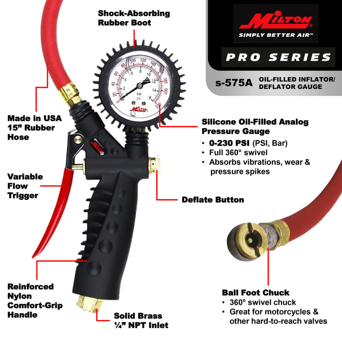 Milton S-575A Pro Analog Tire Inflator/Pressure Pistol Grip Gauge, Ball Foot Chuck, 15" Hose, 160PSI