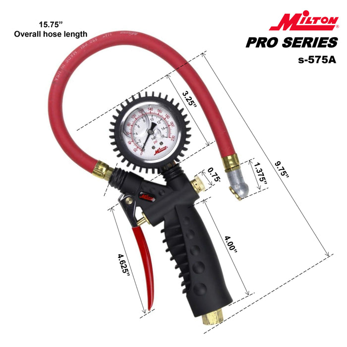 Milton S-575A Pro Analog Tire Inflator/Pressure Pistol Grip Gauge, Ball Foot Chuck, 15" Hose, 160PSI