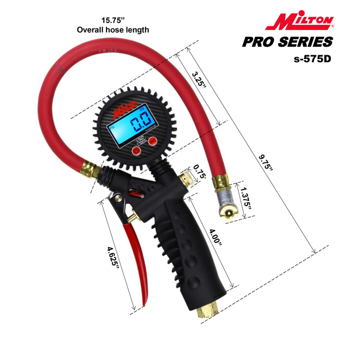 Milton S-575D Pro Digital Tire Inflator/Pressure Pistol Grip Gauge, Ball Foot Chuck, 15" Hose