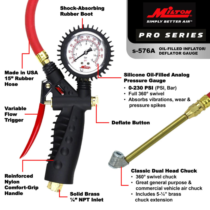 Milton S-576A Pro Analog Tire Inflator/Pressure Pistol Grip Gauge, Classic Dual Head Chuck, 15" Hose