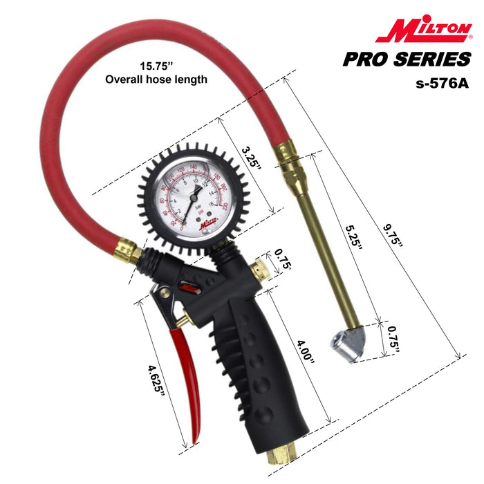 Milton S-576A Pro Analog Tire Inflator/Pressure Pistol Grip Gauge, Classic Dual Head Chuck, 15" Hose