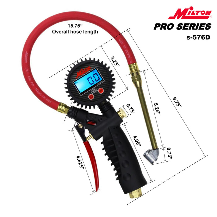 Milton S-576D Pro Digital Tire Inflator/Pressure Pistol Grip Gauge, Classic Dual Head Chuck, 15" Hose