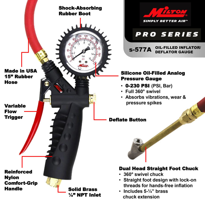 Milton S-577A Pro Series Oil-Filled Analog Pistol Grip Tire Inflator/Deflator Pressure Gauge - Dual Head Straight Foot Chuck w/Lock-On Threads, 15" Hose, 160PSI