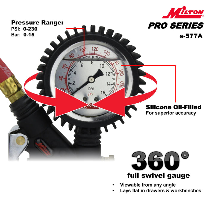 Milton S-577A Pro Series Oil-Filled Analog Pistol Grip Tire Inflator/Deflator Pressure Gauge - Dual Head Straight Foot Chuck w/Lock-On Threads, 15" Hose, 160PSI