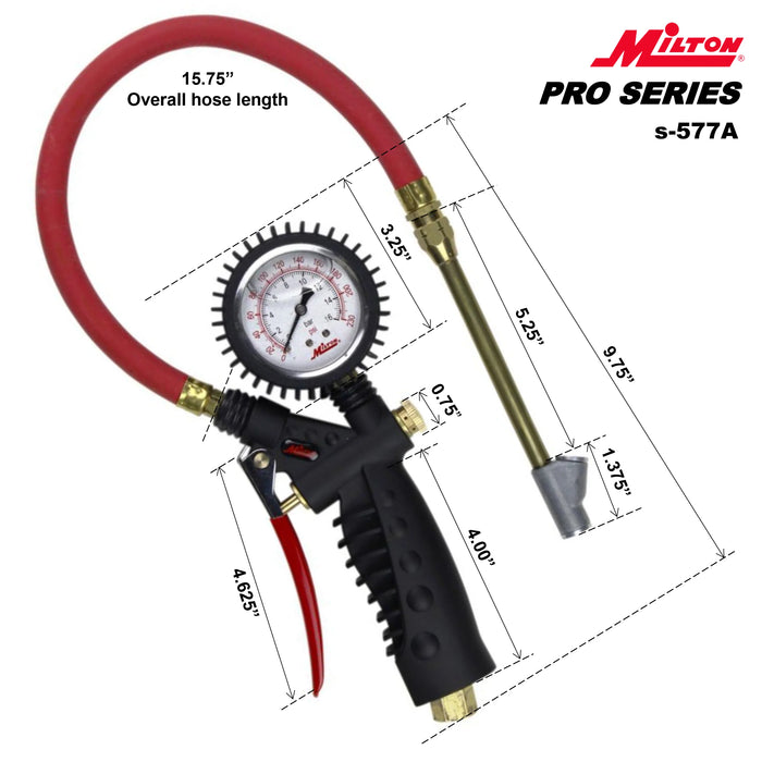 Milton S-577A Pro Series Oil-Filled Analog Pistol Grip Tire Inflator/Deflator Pressure Gauge - Dual Head Straight Foot Chuck w/Lock-On Threads, 15" Hose, 160PSI