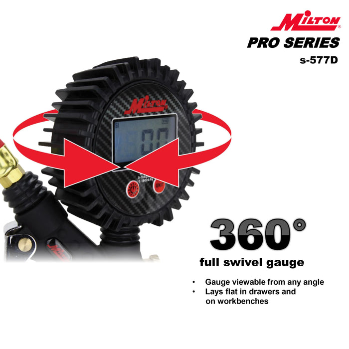 Milton  S-577D Pro Digital Tire Inflator/Pressure Pistol Grip Gauge, Straight Foot Chuck w/Lock-On Threads, 15" Hose