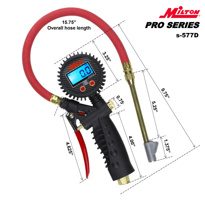 Milton  S-577D Pro Digital Tire Inflator/Pressure Pistol Grip Gauge, Straight Foot Chuck w/Lock-On Threads, 15" Hose