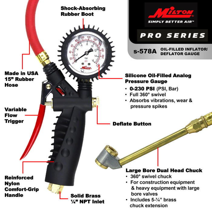 Milton S-578A Pro Analog Tire Inflator/Pressure Pistol Grip Gauge Large Bore Dual Head Chuck, 15" Hose - 160PSI