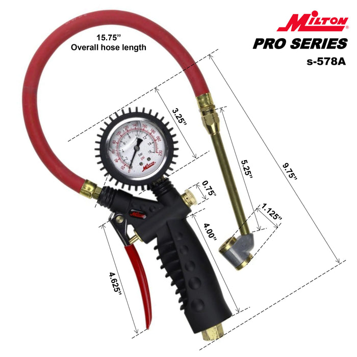 Milton S-578A Pro Analog Tire Inflator/Pressure Pistol Grip Gauge Large Bore Dual Head Chuck, 15" Hose - 160PSI