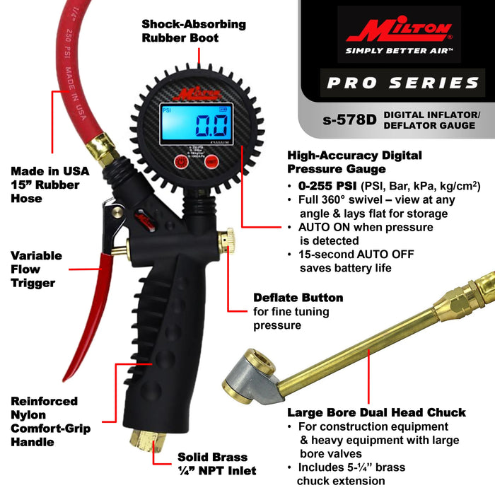 Milton S-578D Pro Digital Tire Inflator/Pressure Pistol Grip Gauge, Large Bore Dual Head Chuck, 15" Hose