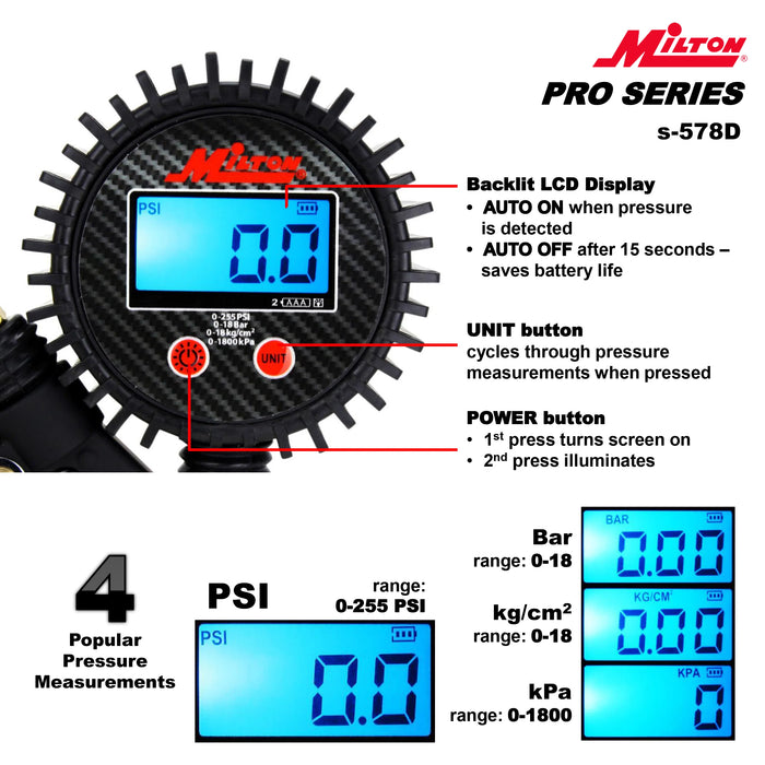 Milton S-578D Pro Digital Tire Inflator/Pressure Pistol Grip Gauge, Large Bore Dual Head Chuck, 15" Hose