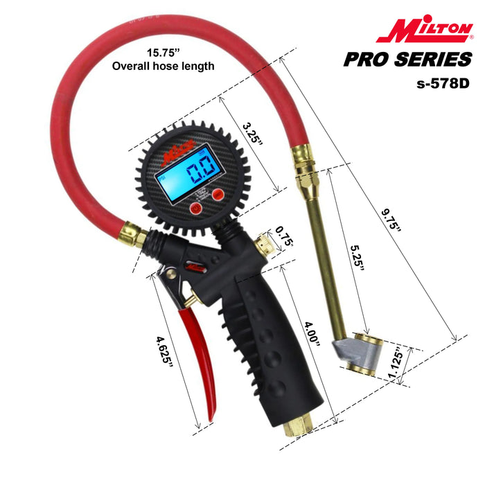 Milton S-578D Pro Digital Tire Inflator/Pressure Pistol Grip Gauge, Large Bore Dual Head Chuck, 15" Hose