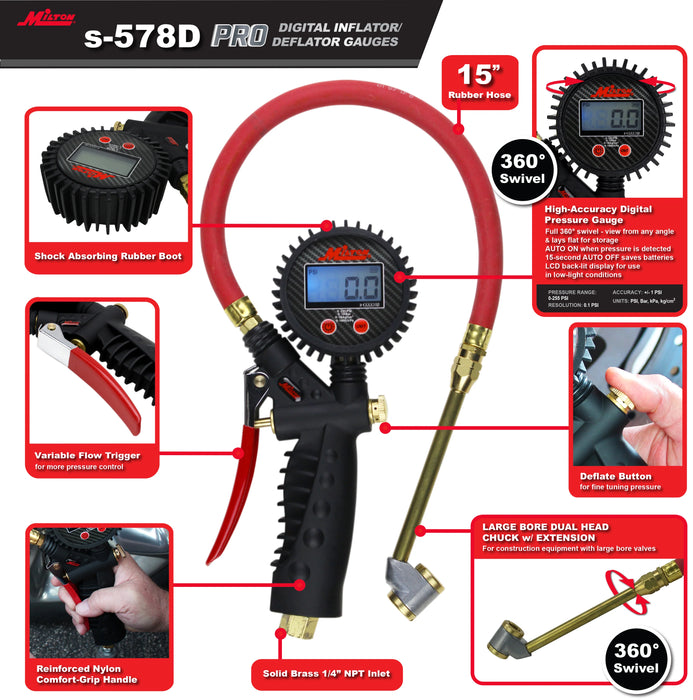 Milton S-578D Pro Digital Tire Inflator/Pressure Pistol Grip Gauge, Large Bore Dual Head Chuck, 15" Hose