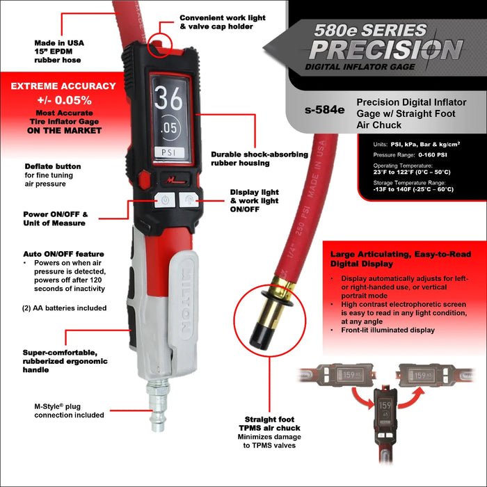 Milton s-580eKIT Precision Digital Tire Inflator & Pressure Gauge (0-160 PSI), Extreme ± 0.05% Accuracy s-580e