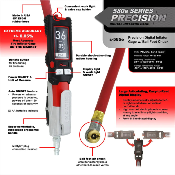 Milton s-580eKIT Precision Digital Tire Inflator & Pressure Gauge (0-160 PSI), Extreme ± 0.05% Accuracy s-580e