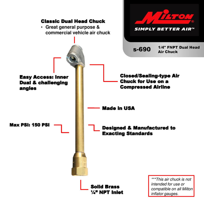 Milton s-690 1/4" FNPT Dual-Head Air Chuck (Pack of 10)