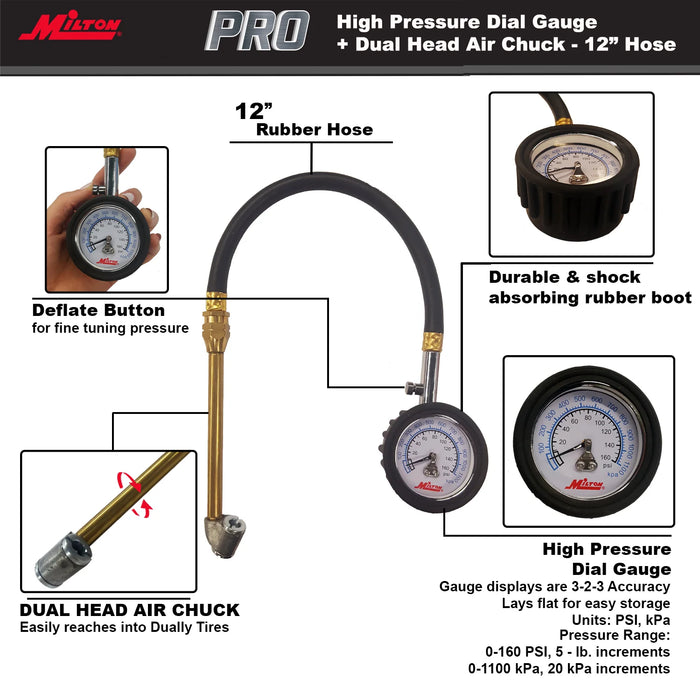 Milton S-936 High Pressure Dial Tire Pressure Gauge - Dual Head Air Chuck, 12" Hose