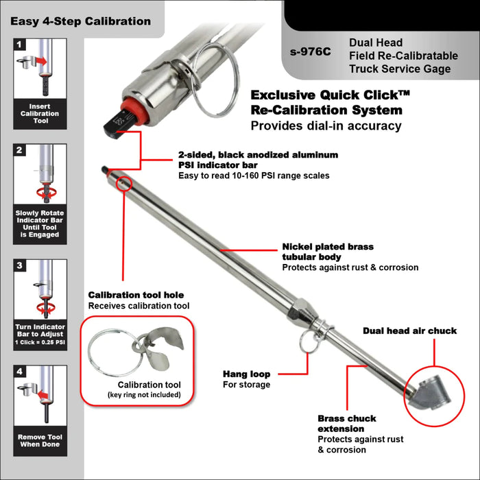 Milton s-976C Re-Calibratable Tire Pressure Service Gauge, Dual Head Chuck, 10-160 PSI