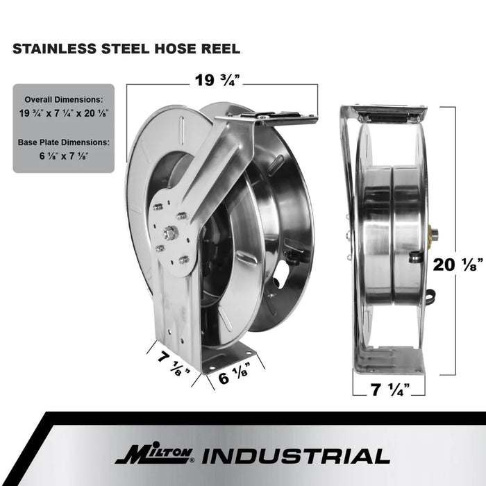 Zeeline 2750-12SS - Milton® Industrial Stainless Steel Hose Reel Retractable, 1/2" NPT, Hose Capacity 25', 35', And 50', 300 PSI (Hose Not Included)