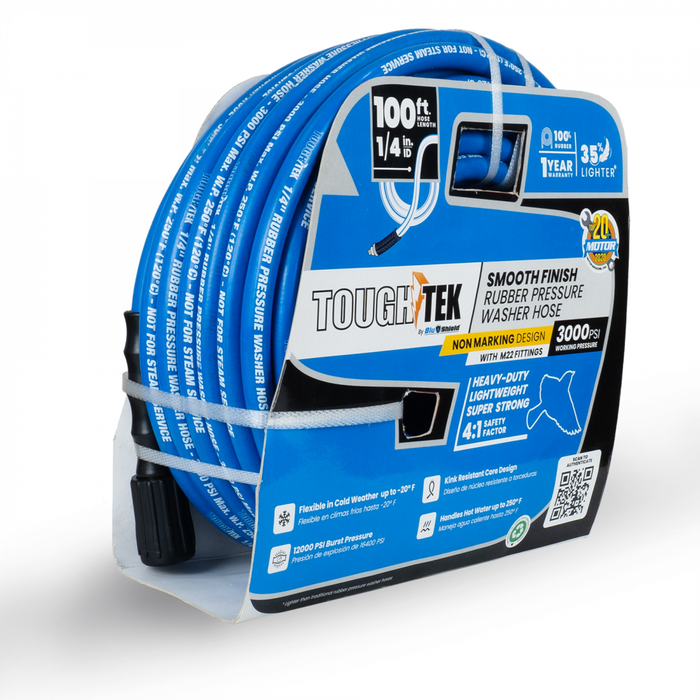 BluBird Tough-Tek Rubber Pressure Washing Hose 1/4" X 100' with M22 Coupler-BLUE TTPW14100-NM