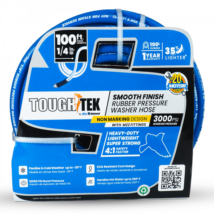 BluBird Tough-Tek Rubber Pressure Washing Hose 1/4" X 100' with M22 Coupler-BLUE TTPW14100-NM