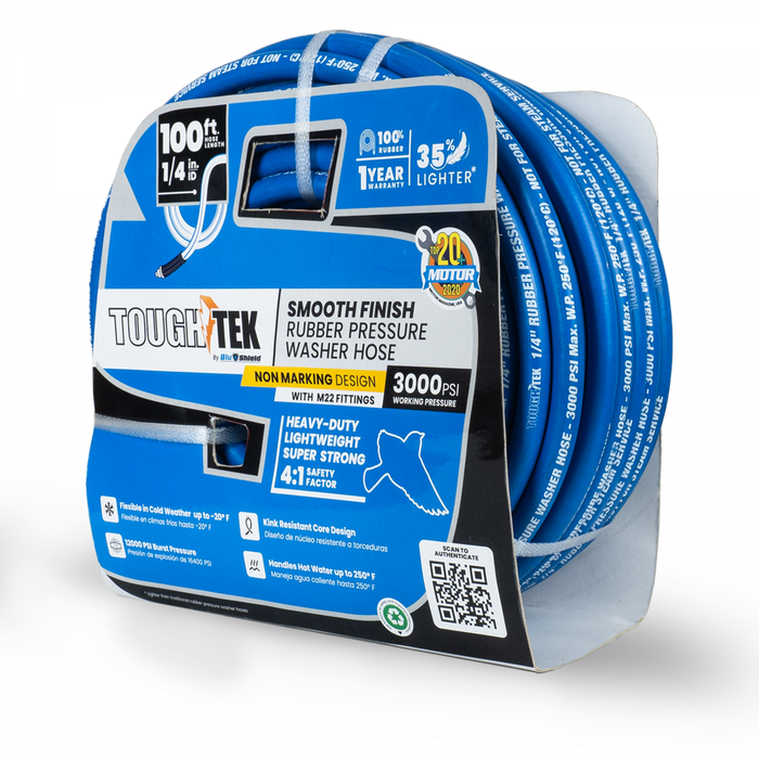 BluBird Tough-Tek Rubber Pressure Washing Hose 1/4" X 100' with M22 Coupler-BLUE TTPW14100-NM