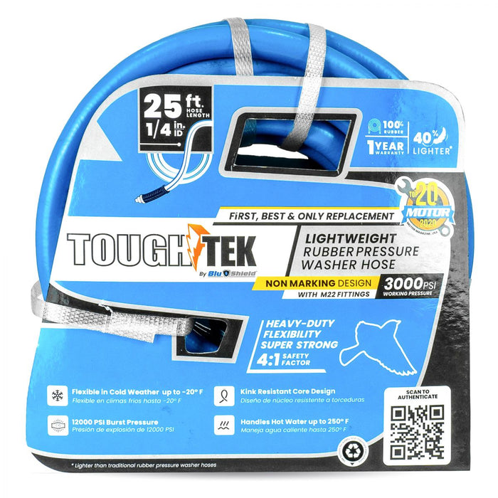 BluBird Tough-Tek Rubber Pressure Washing Hose 1/4" X 25' with M22-BLUE TTPW1425-NM