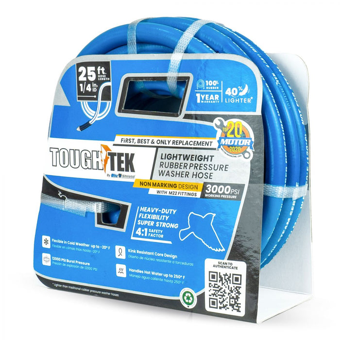 BluBird Tough-Tek Rubber Pressure Washing Hose 1/4" X 25' with M22-BLUE TTPW1425-NM