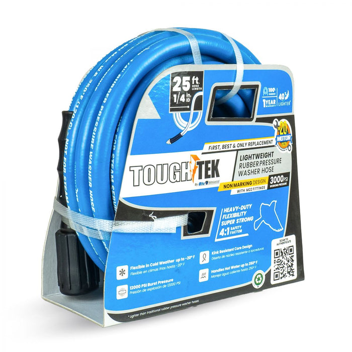 BluBird Tough-Tek Rubber Pressure Washing Hose 1/4" X 25' with M22-BLUE TTPW1425-NM