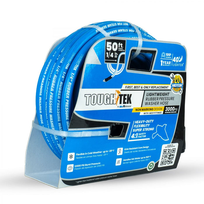 BluBird Tough-Tek Rubber Pressure Washing Hose 1/4" X 50' with M22 Coupler-BLUE TTPW1450-NM