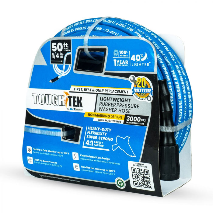 BluBird Tough-Tek Rubber Pressure Washing Hose 1/4" X 50' with M22 Coupler-BLUE TTPW1450-NM