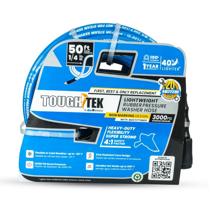 BluBird Tough-Tek Rubber Pressure Washing Hose 1/4" X 50' with M22 Coupler-BLUE TTPW1450-NM