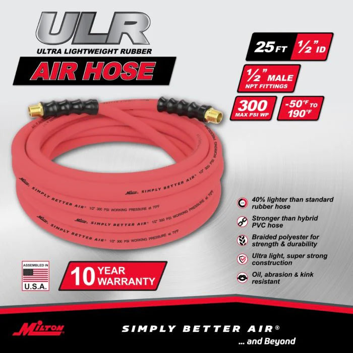 Milton ULR122512 1/2" Ultra Lightweight Rubber Hose, 25' Air Hose w/ 1/2" NPT Male Inlet Thread Ends