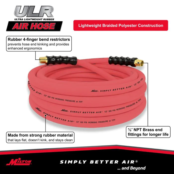 Milton ULR122512 1/2" Ultra Lightweight Rubber Hose, 25' Air Hose w/ 1/2" NPT Male Inlet Thread Ends