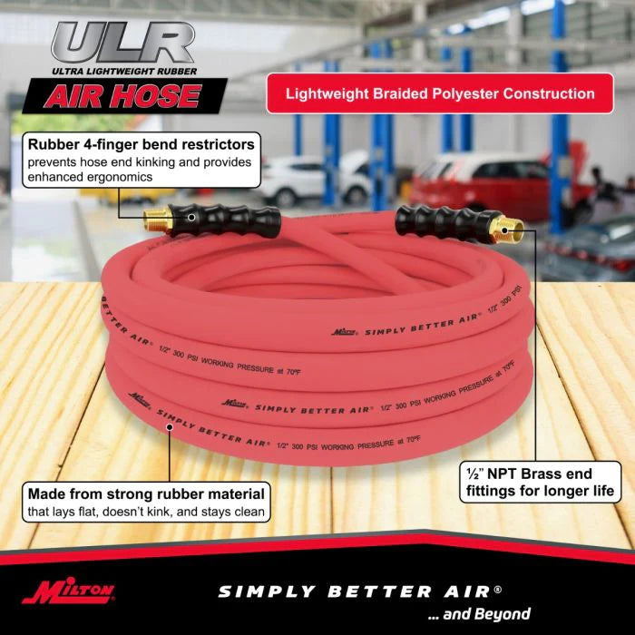 Milton ULR122512 1/2" Ultra Lightweight Rubber Hose, 25' Air Hose w/ 1/2" NPT Male Inlet Thread Ends