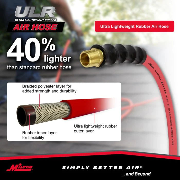 Milton ULR122512 1/2" Ultra Lightweight Rubber Hose, 25' Air Hose w/ 1/2" NPT Male Inlet Thread Ends