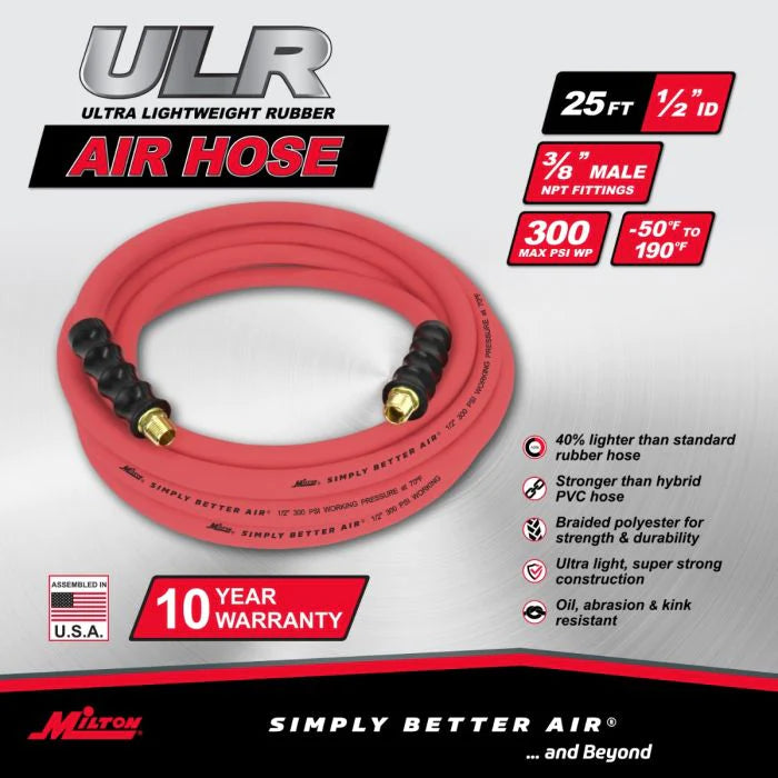 Milton ULR122538 1/2" Ultra Lightweight Rubber Hose, 25' Air Hose w/ 3/8" NPT Male Inlet Thread Ends