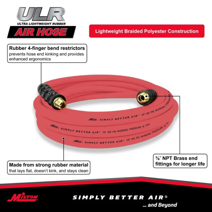 Milton ULR122538 1/2" Ultra Lightweight Rubber Hose, 25' Air Hose w/ 3/8" NPT Male Inlet Thread Ends