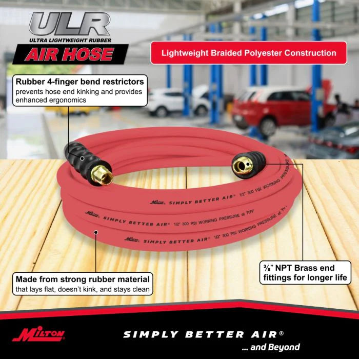 Milton ULR122538 1/2" Ultra Lightweight Rubber Hose, 25' Air Hose w/ 3/8" NPT Male Inlet Thread Ends